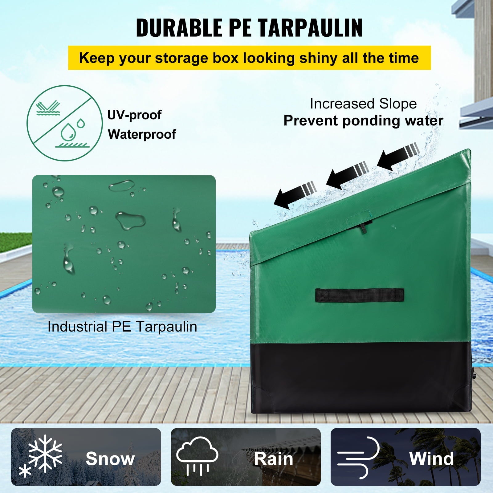 VEOVRbrand Outdoor Storage Box, 100 Gallon Waterproof PE Tarp Deck Box w/ Galvanized Frame, All-Weather Protection & Portable, for Camping, Garden, Poolside, and Yard,Black &Green