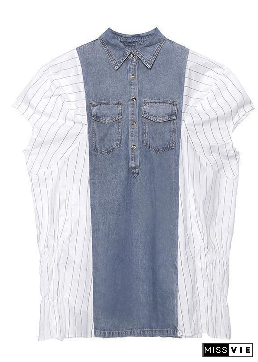 Style lapel quilting dresses Runway white striped patchwork denim Dresses