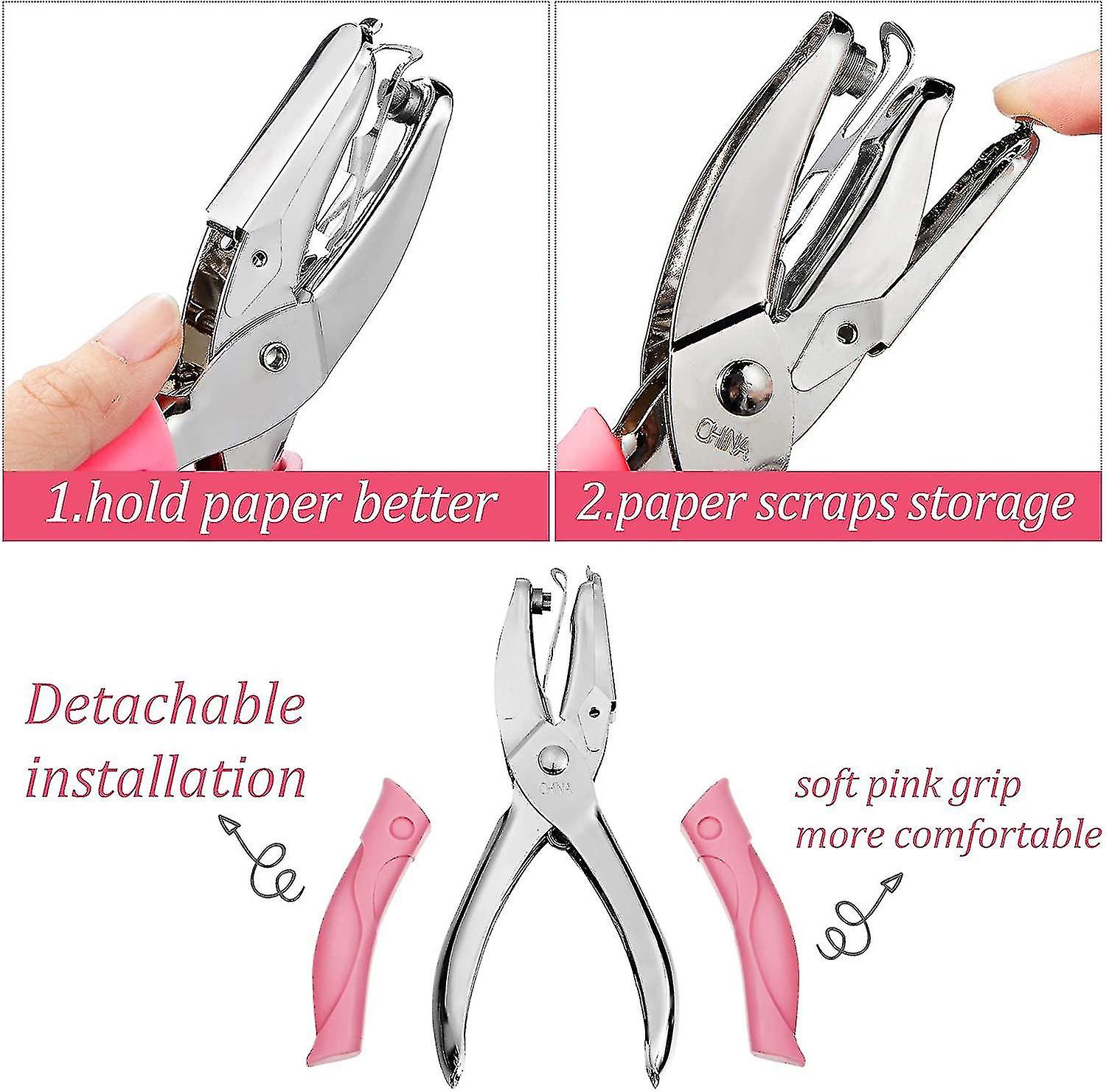 3 Piece Handheld Metal Single Hole Punch With Pink Soft Grip And 0.25