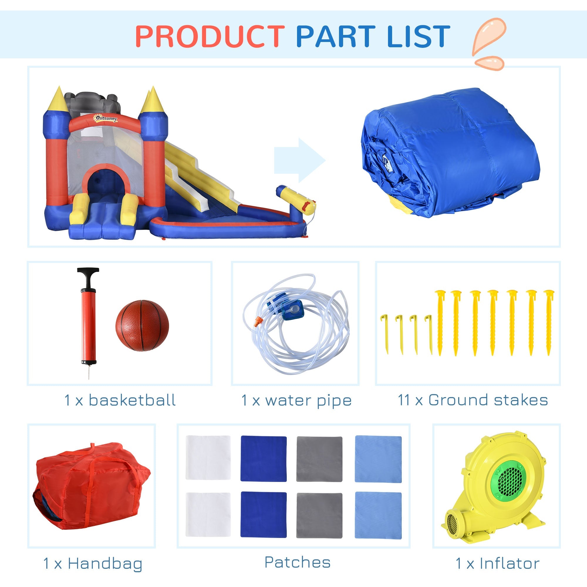 Outsunny 6-in-1 Inflatable Water Slide, Kids Castle Bounce House with Slide, Trampoline, Basket Hoop, Pool, Cannon, Climbing Wall Includes Carry Bag, Repair Patches, Basketball, 680W Air Blower