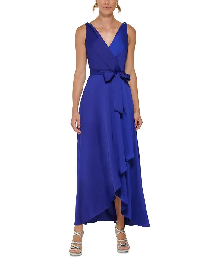 Women's Satin V-Neck Belted Faux-Wrap Gown