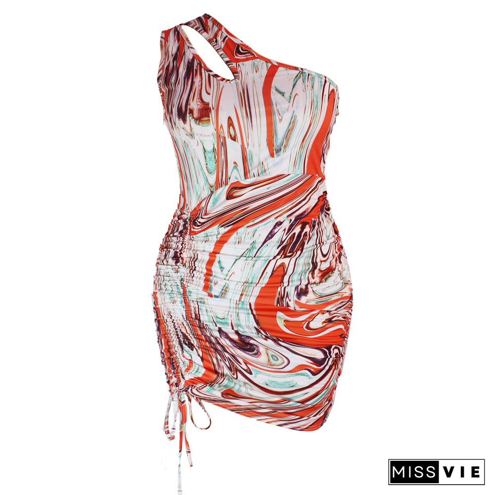 Plus Size Tie Dye One Shoulder Sleeveless Drawstring Ruched Bodycon Party Club Summer Women Dress