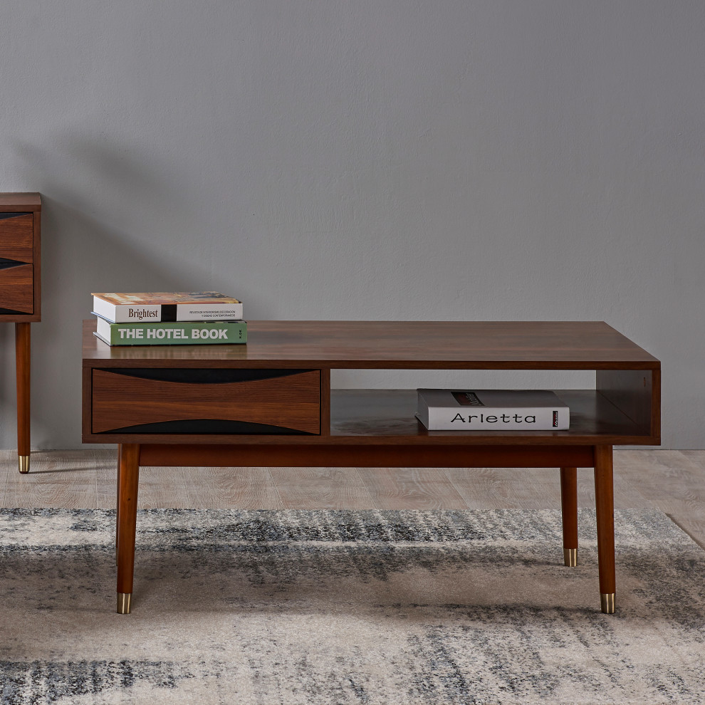 Wooden Coffee End Table with Storage  Walnut   Midcentury   Coffee Tables   by TEAMSON US INC  Houzz