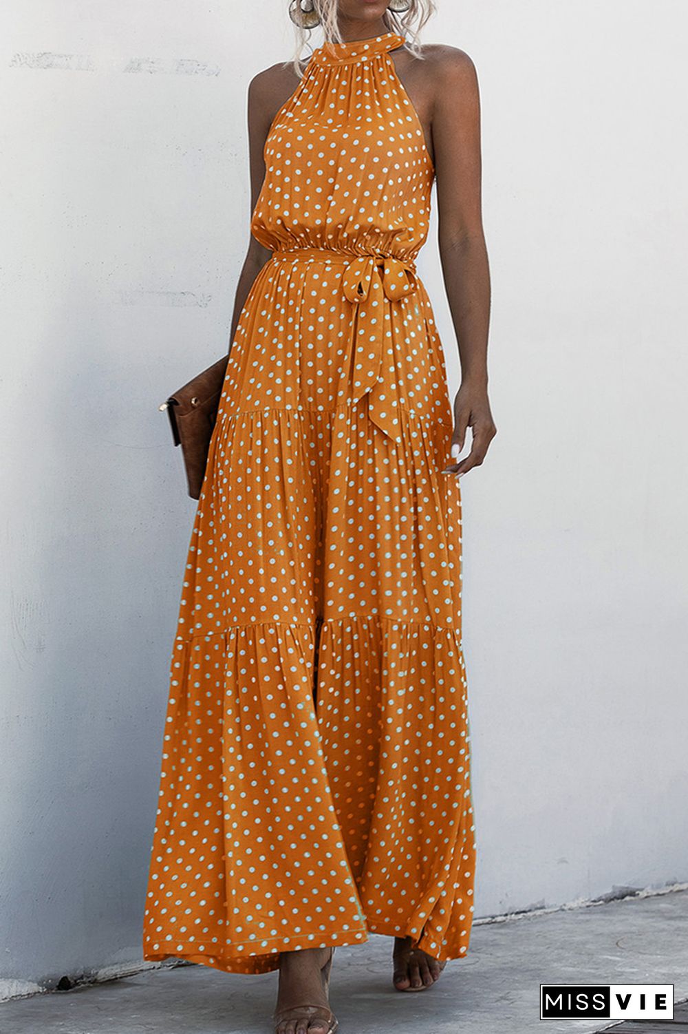 Halter Polka Dot Print Tie Waist Maxi Dress Wholesale