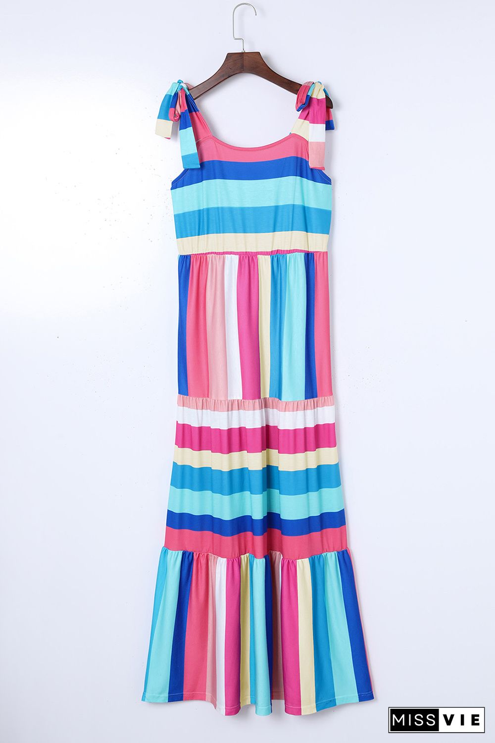 Multicolor Color Block Striped Bow Knot Straps Maxi Dress