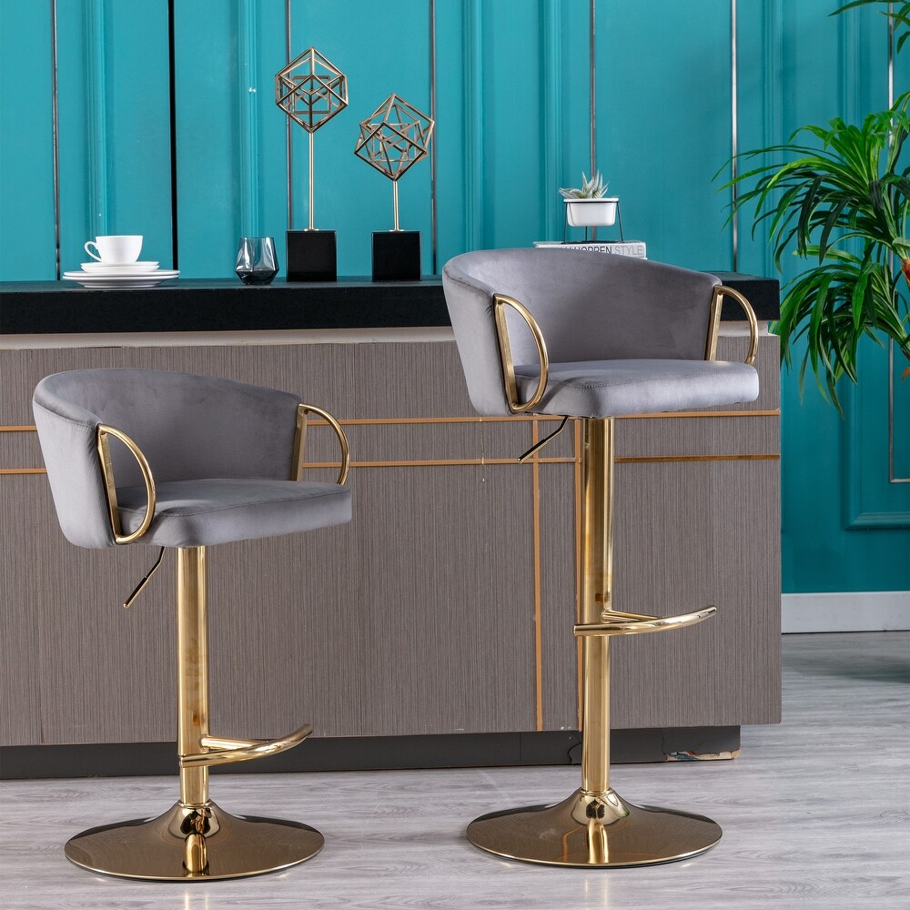 Modern Swivel Bar Stools Set of 2  Adjustable Counter Height Bar Chair with Velvet Backrest Metal Handrail and Footrest