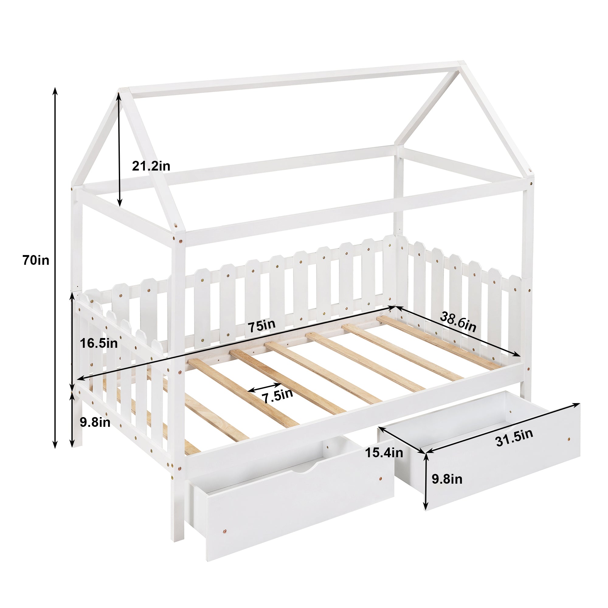 Euroco Twin Size Wood House-Shaped Bed with Drawers for Kids, White