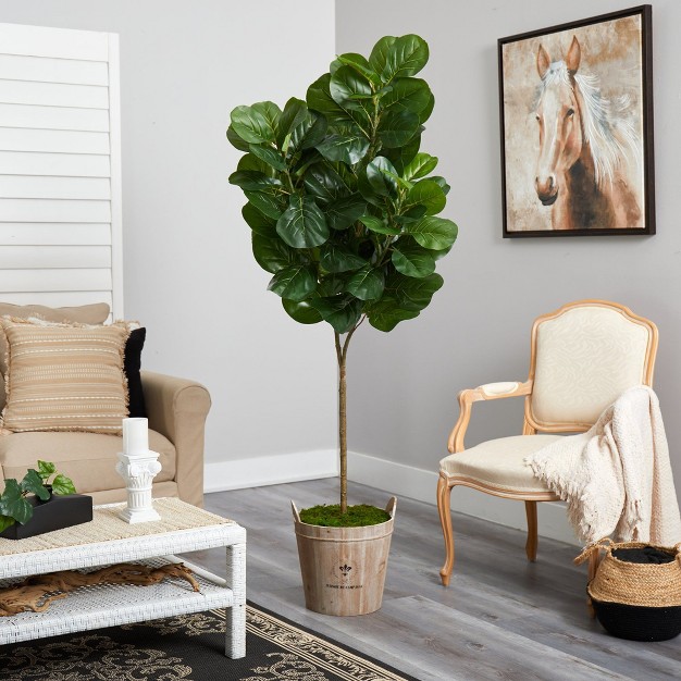 Nearly Natural 74-in Fiddle Leaf Fig Artificial Tree In Farmhouse Planter