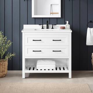 Home Decorators Collection Autumn 36 in. W x 19 in. D x 34.50 in. H Freestanding Bath Vanity in White with White Engineered Stone Top Autumn 36W