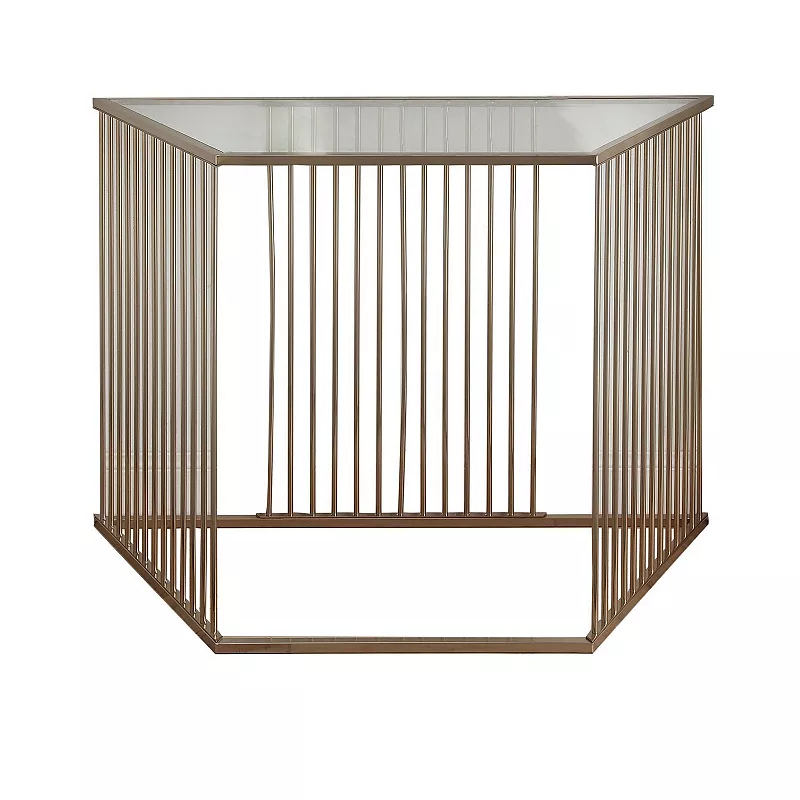 Metal and Glass Sofa Table with Vertical Slat Design， Gold