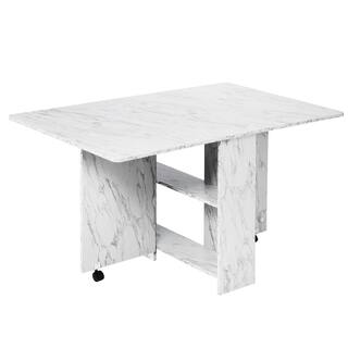 Dinaza 55.1 in. Rectangle White Marble Wood Folding Dining Table Drop Leaf Table with 2-Tier Racks with Wheels (Seats 6) POA6809144