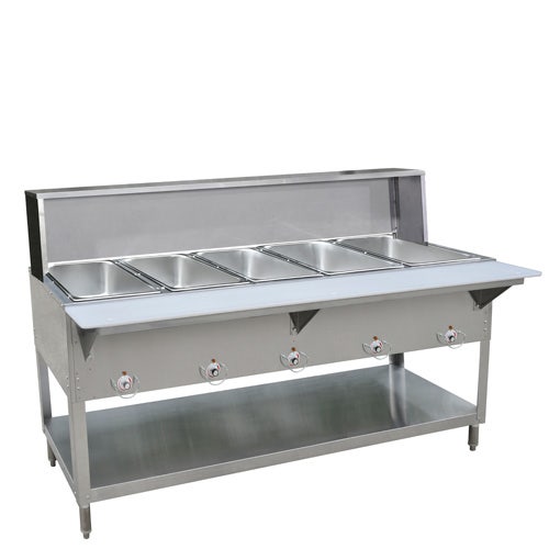 Kratos 28W-195 Stationary Five Pan Open Well Electric Steam Table with Undershelf， Overshelf， and Sneeze Guard， 240V， 3750W