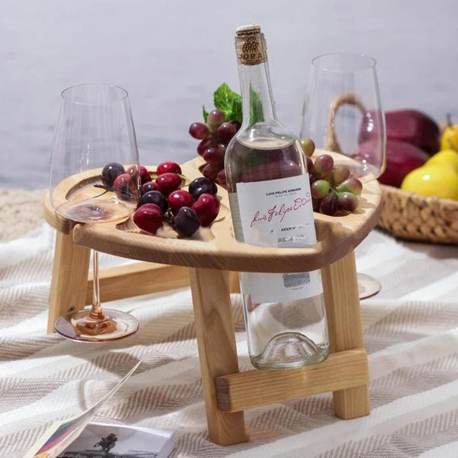 Portable Wine Table - Holds Wine Glasses and Bottles In Place - Outdoor Wine Table - Wine - Wooden Outdoor Folding Table With Glass Shelf