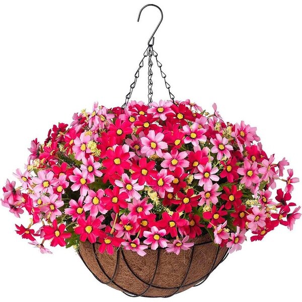 Artificial Silk Flowers Hanging Baskets Outdoors，Chrysanthemum with Eucalyptus Leaves in Metal Coconut Lining Flowerpot