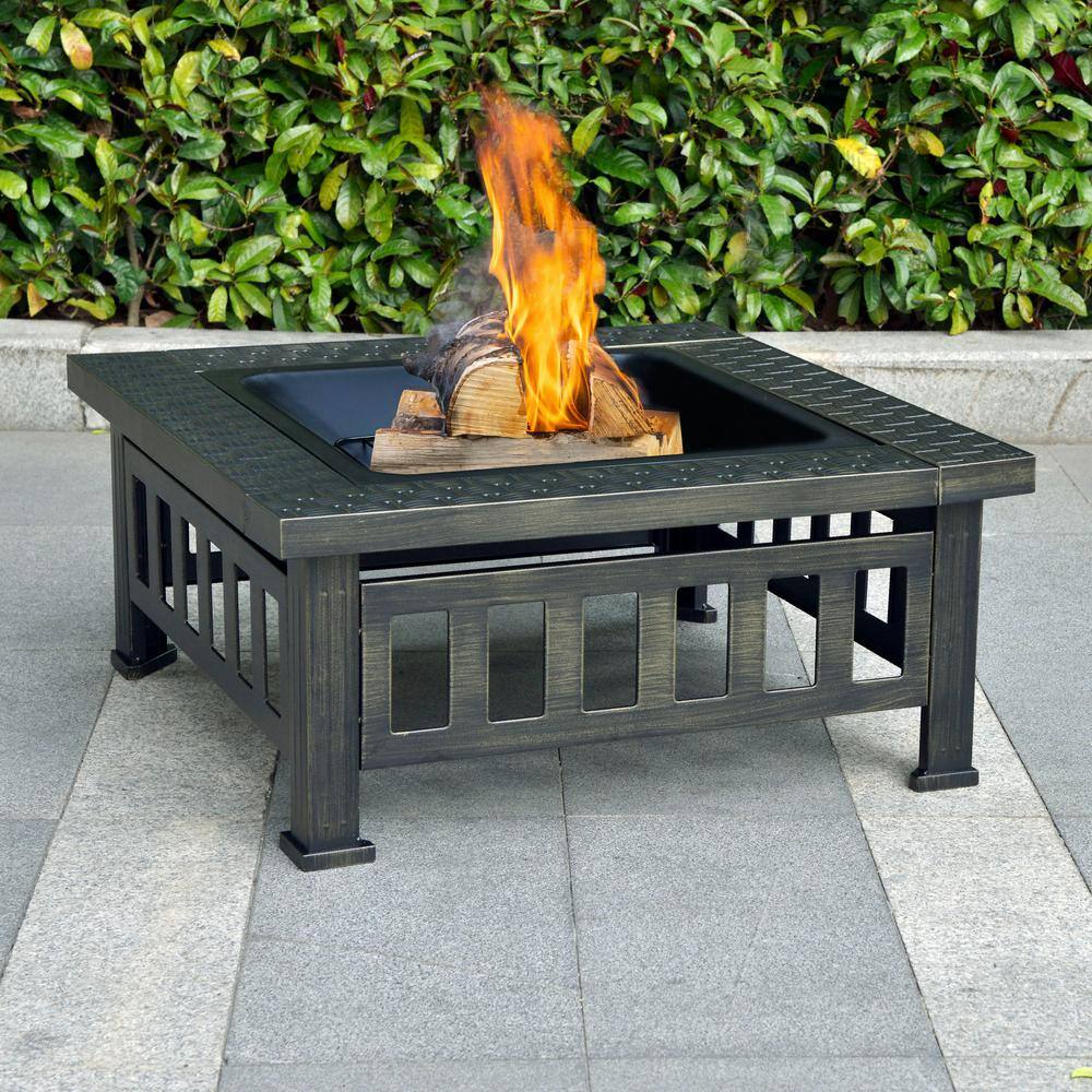 Bond Bali 32 in. W x 22.44 in. H Outdoor Square Powder Coated Steel Wood Burning Fire Pit in Bronze with Grate and Poker 52260