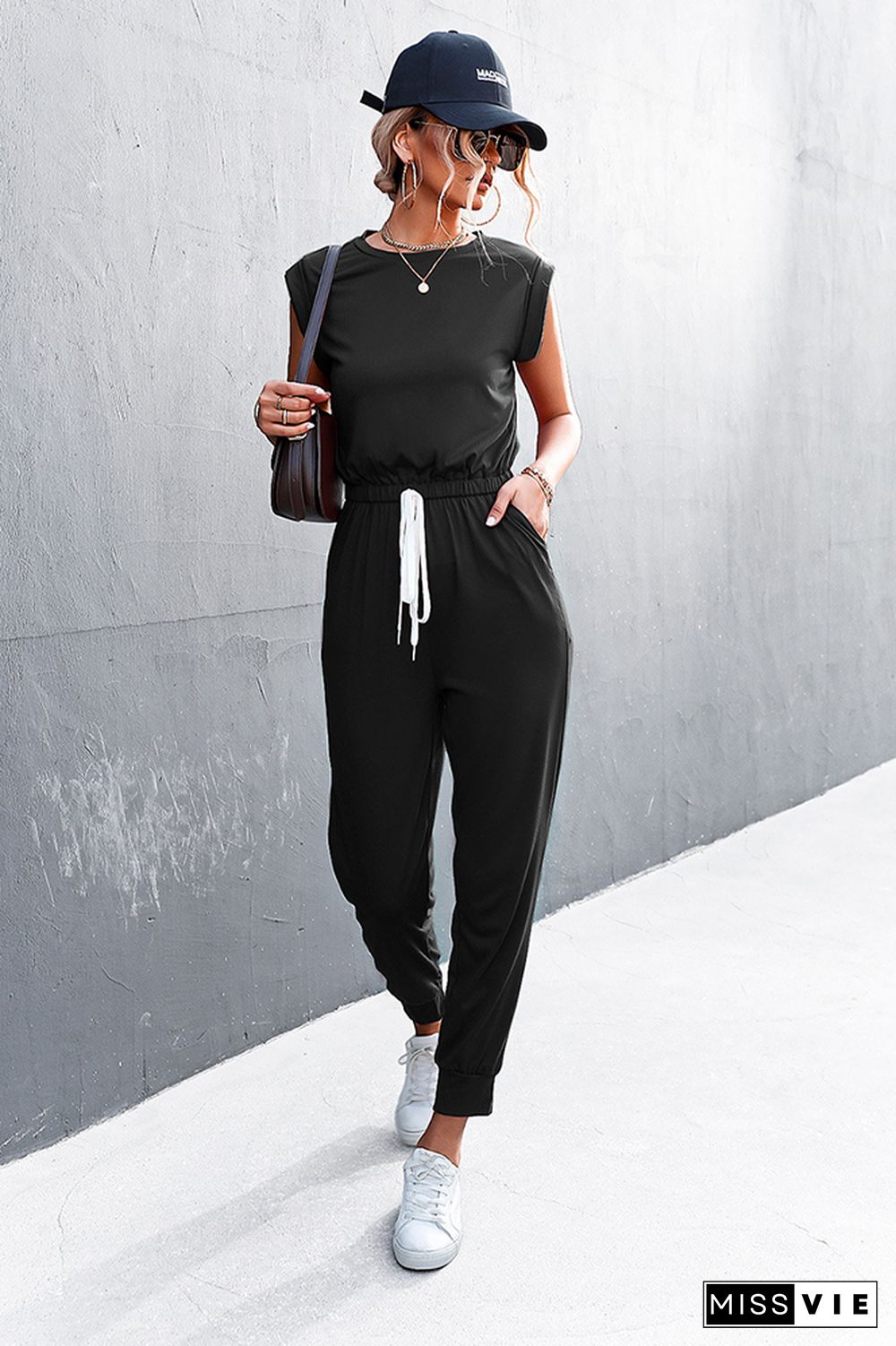 Solid Sleeveless Drawstring Waist Jumpsuit Wholesale