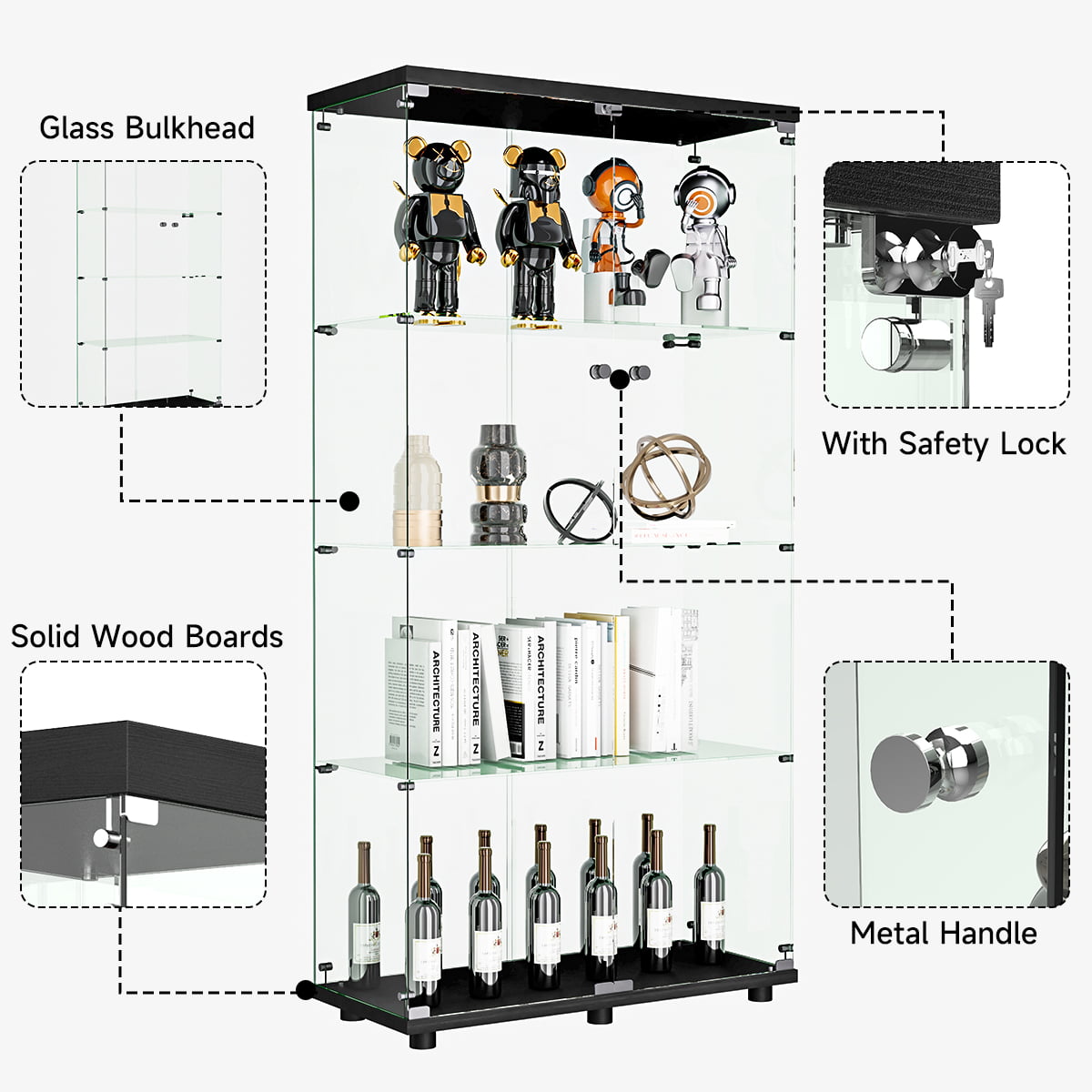 Two-door Glass Display Cabinet， Fast Installation in 50 Mins， Glass Curio Cabinets Bookshelf Display Case Trophy Case for Living Room Bedroom Kitchen， with Handles， Locks， Side by Side Doors(Black)