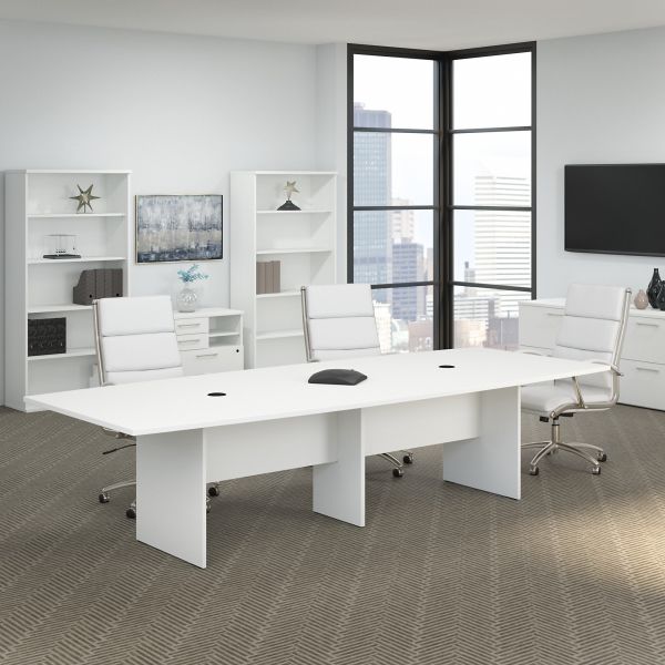 Bush Business Furniture 120W x 48D Boat Shaped Conference Table with Wood Base in White