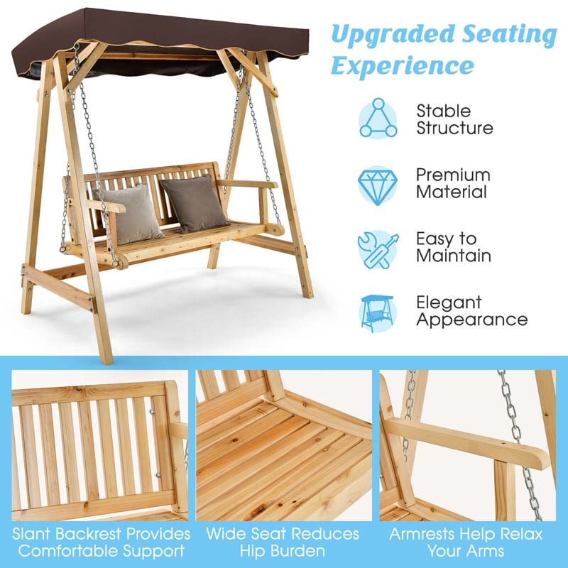 2-Person Wooden Porch Swing Bench Chair, A-Frame Outdoor Patio Swing with Adjustable Canopy