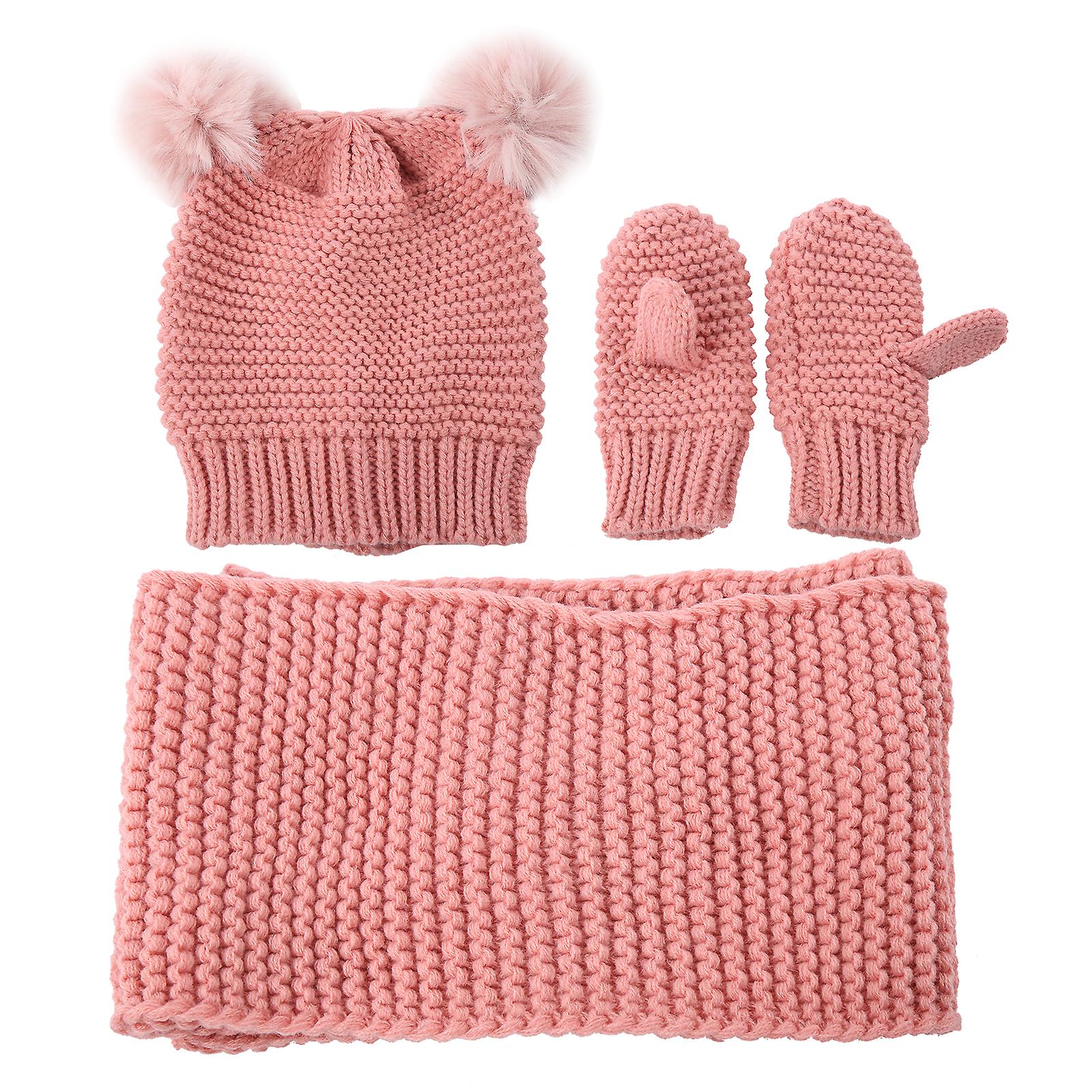 Cute Woolen Yarn Warm Children Infant Hat Scarf Gloves Set For Winer Autumn Outdoor Activitypink