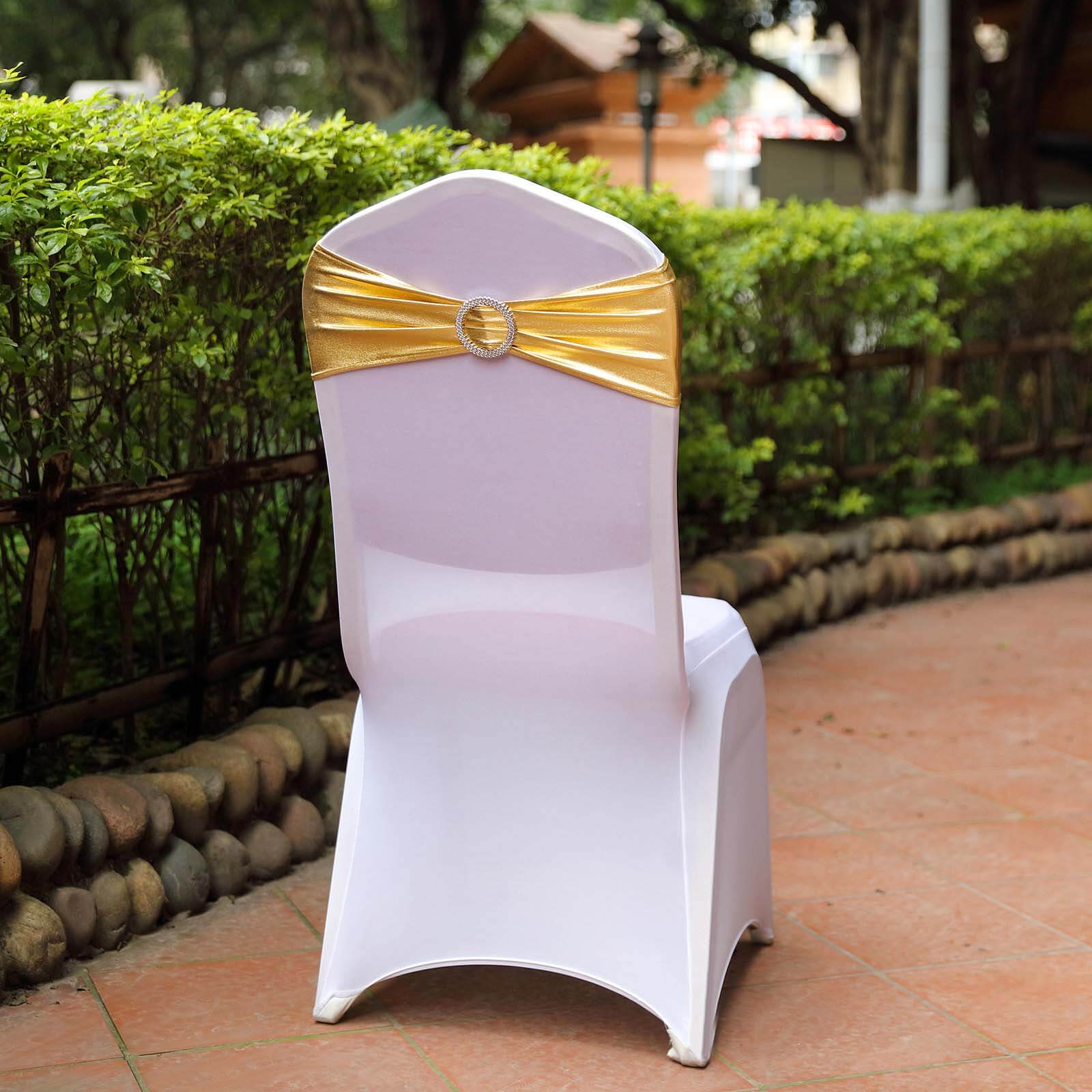 5 Pack Metallic Gold Spandex Chair Sashes With Attached Round Diamond Buckles