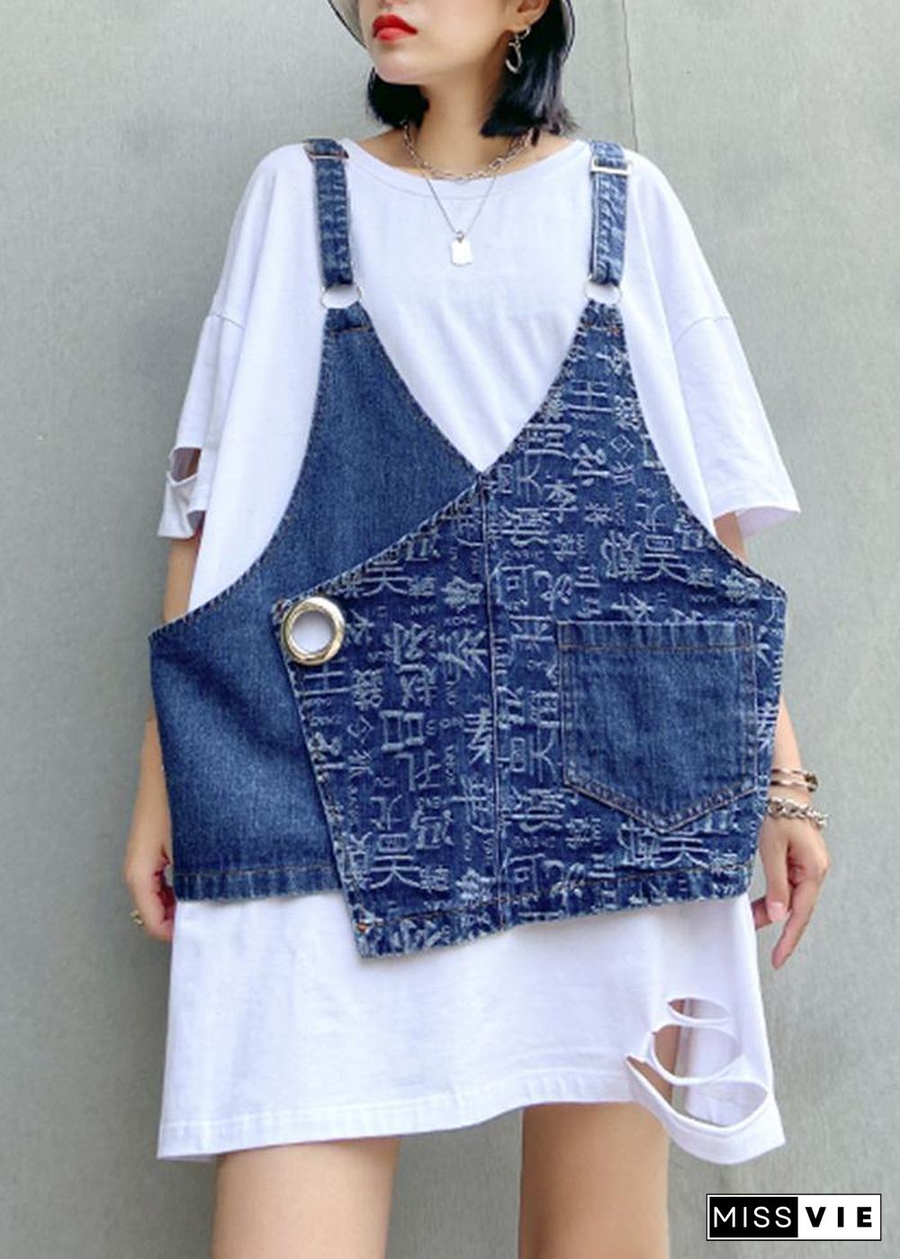 Hole white short-sleeved t-shirt female loose summer large size shirt denim vest suit two-piece suit