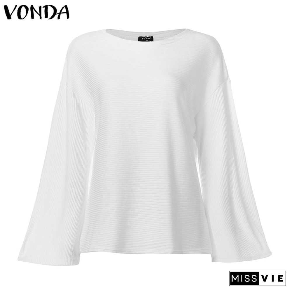 VONDA Woman Bell Sleeve Blouse Autumn Winter Loose Knitwear Tops Pullover Shirts Plus Size Bohemian Party Blusas 5XL Tunics