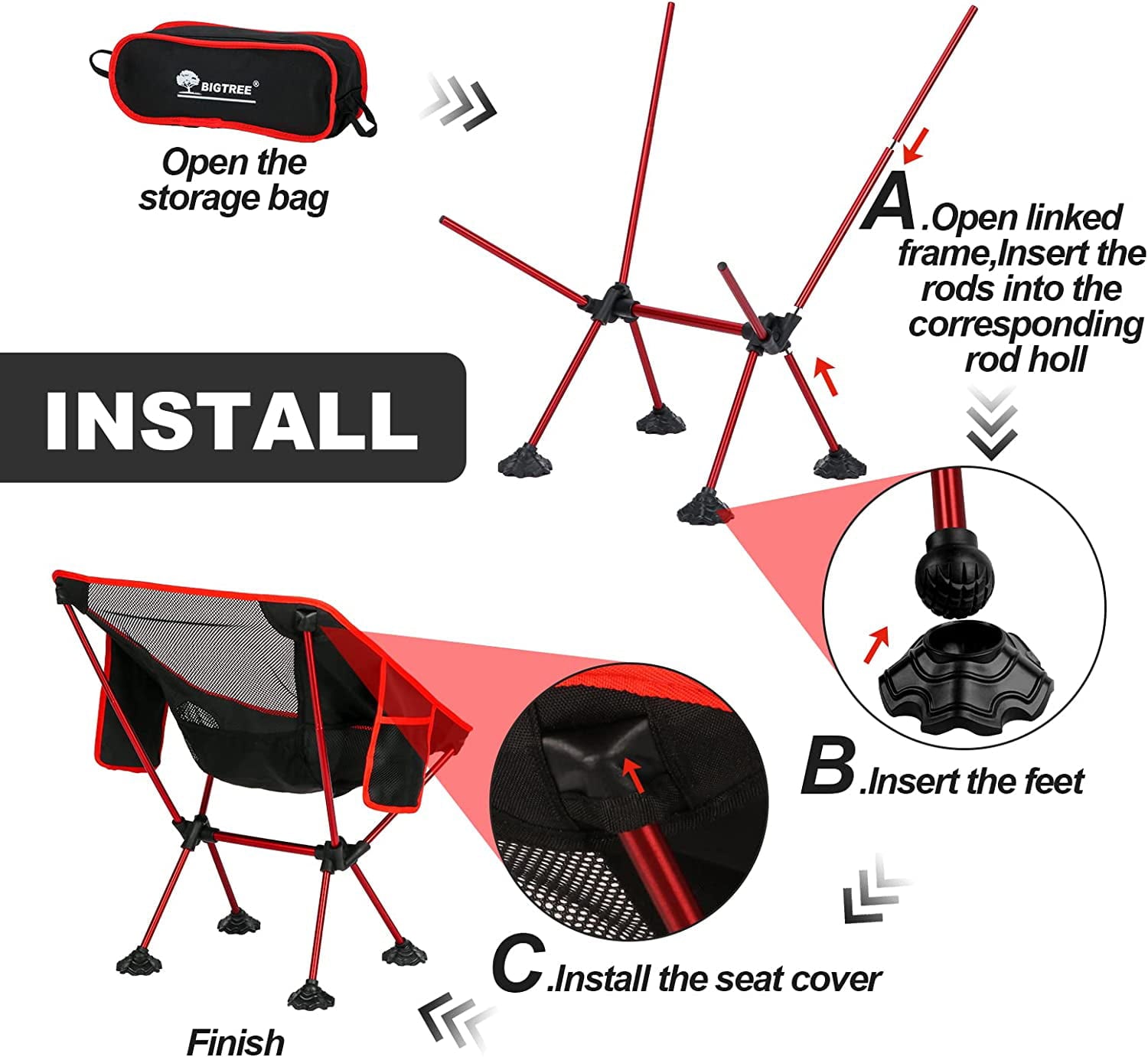 BIGTREE Folding Camping Chair Travel Seat Side Pocket Super Compact Light Fishing Picnic Red