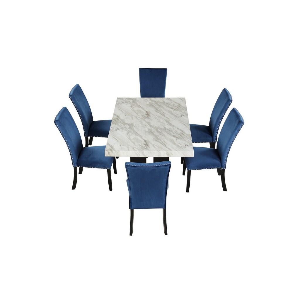 Dining Table Set with 1 Marble Table and 6 Upholstered Seat Chairs