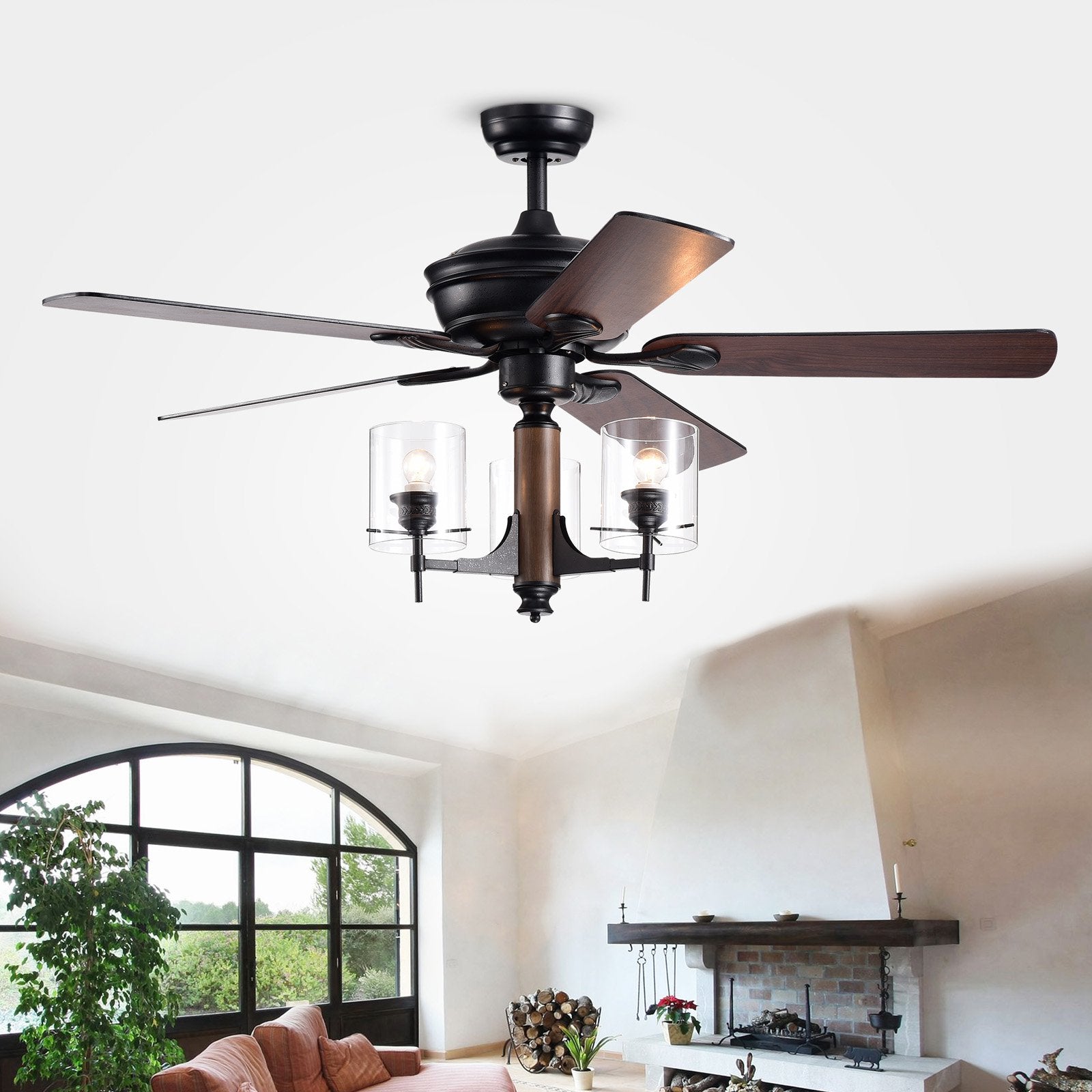 Saranac 5-Blade 52-Inch Forged Black Lighted Ceiling Fans with Clear Pillar Glass Lamps (Remote Controlled)