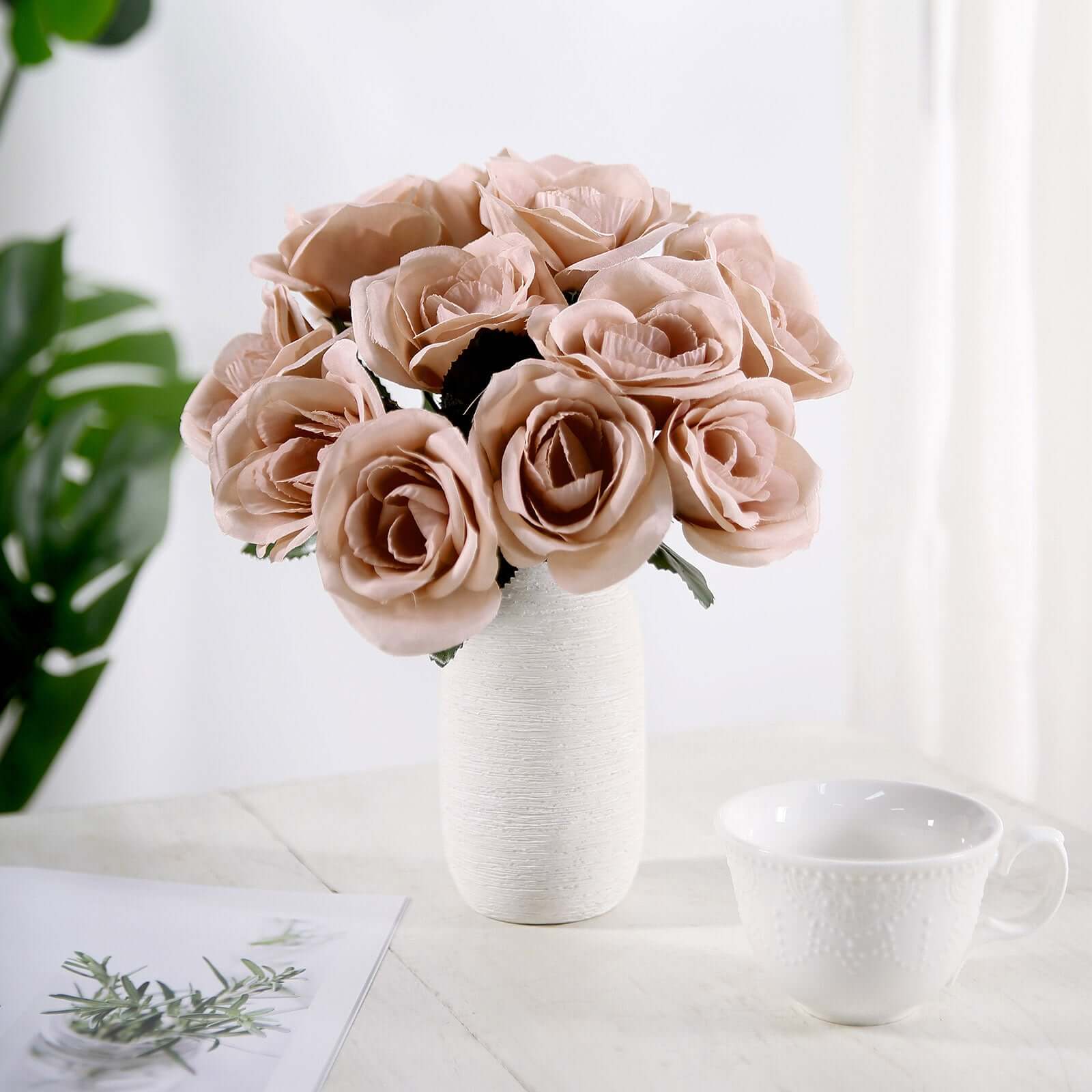 Dusty Rose Artificial Velvet-Like Fabric Rose Flower Bouquet Bush 12