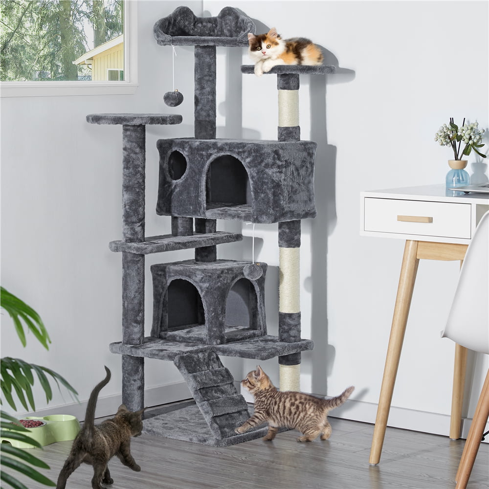 Yaheetech 54''H Cat Tree Condo with Scratching Post Tower， Dark Gray