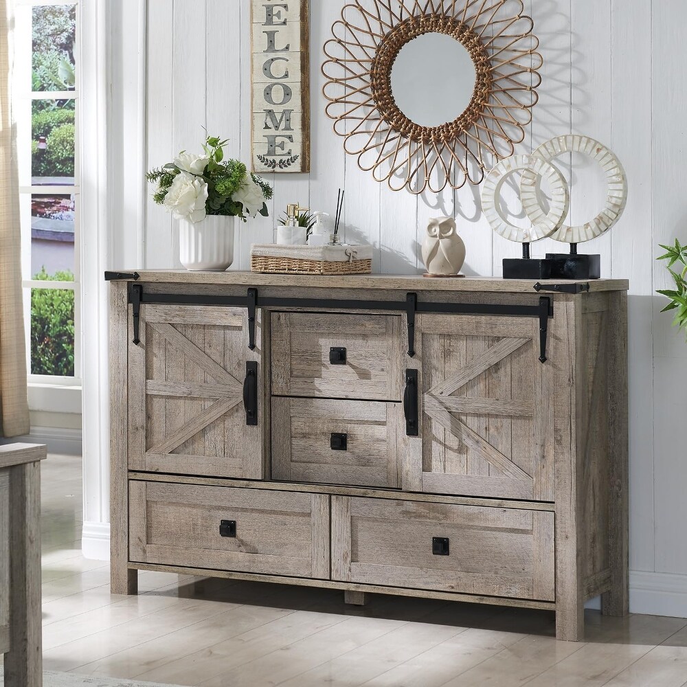 Farmhouse Dresser  4 Drawers   Sliding Barn Doors  Tall Chest of Drawers  Rustic Dresser TV Stand  Shelf  Dresser Organizer