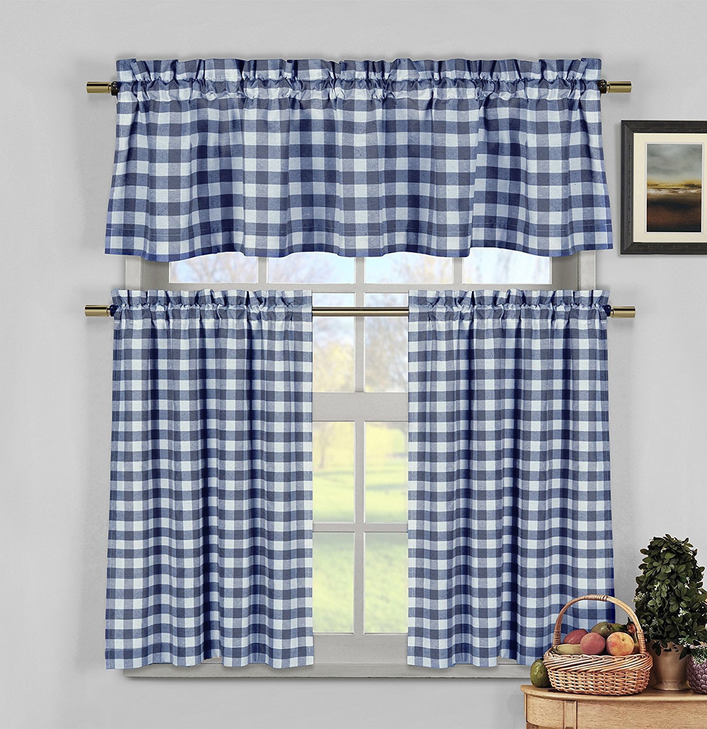 Navy Blue & White Cotton Blend Gingham Tartan Country Plaid Kitchen Curtain Set