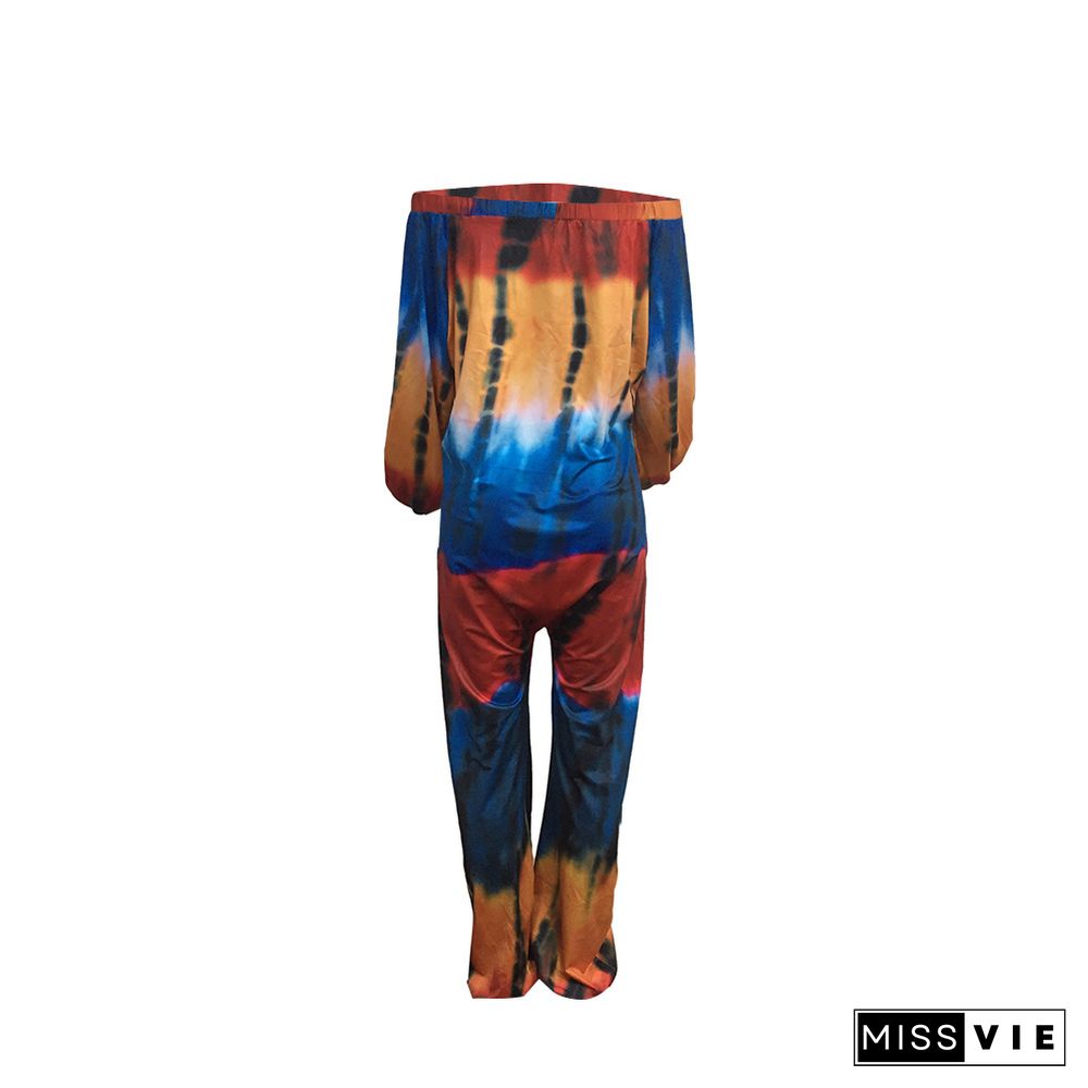 Women Streetwear Summer Pocket Design Lantern Sleeve Tie Dye Print Off Shoulder Plus Size Jumpsuit