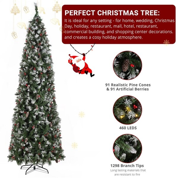 9 Ft PreLit LED Pencil Artificial Christmas Tree with 460 Lights and Decorations