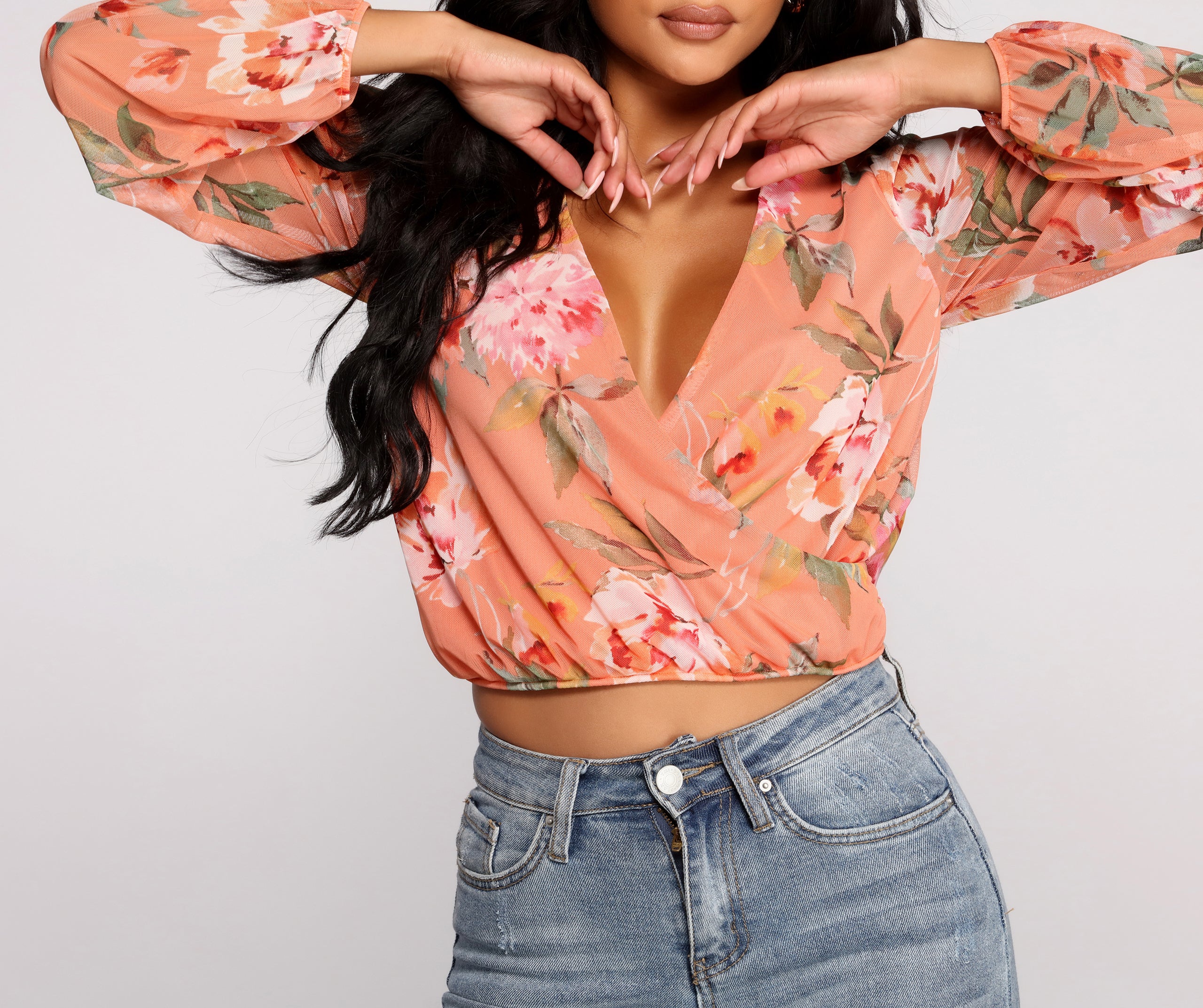 Floral Rush Surplice Mesh Top