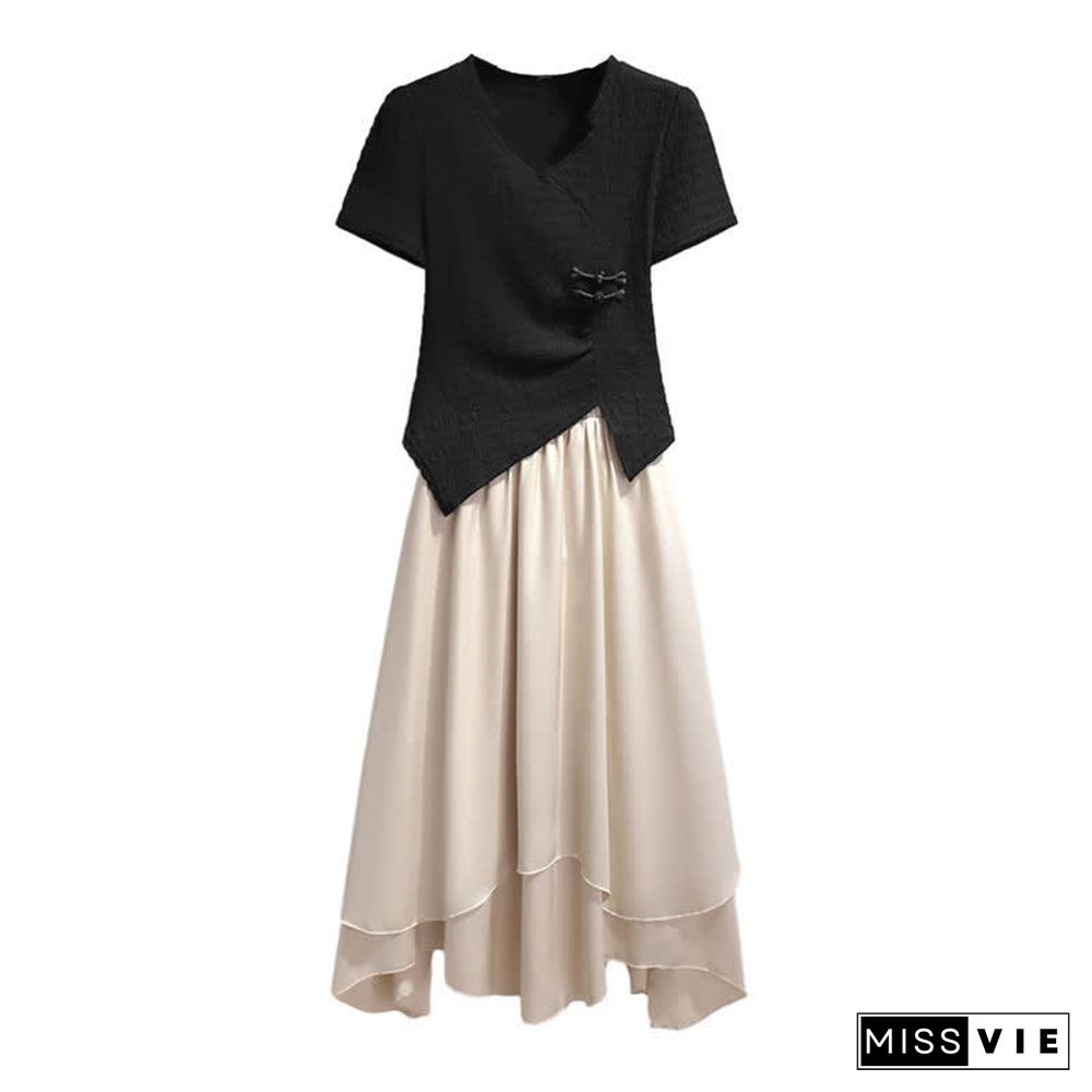 Vintage Buckle Irregular T-Shirt Layered Midi Skirt