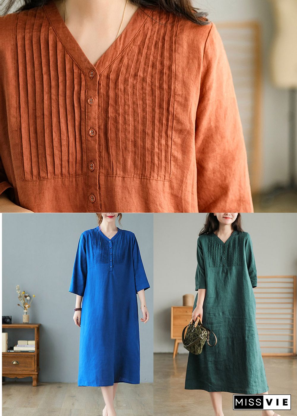 Blue Print10 Loose Linen Long Dresses Button Solid Half Sleeve