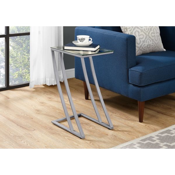 Accent Table， C-shaped， End， Side， Snack， Living Room， Bedroom， Tempered Glass， Grey Metal， Contemporary， Modern