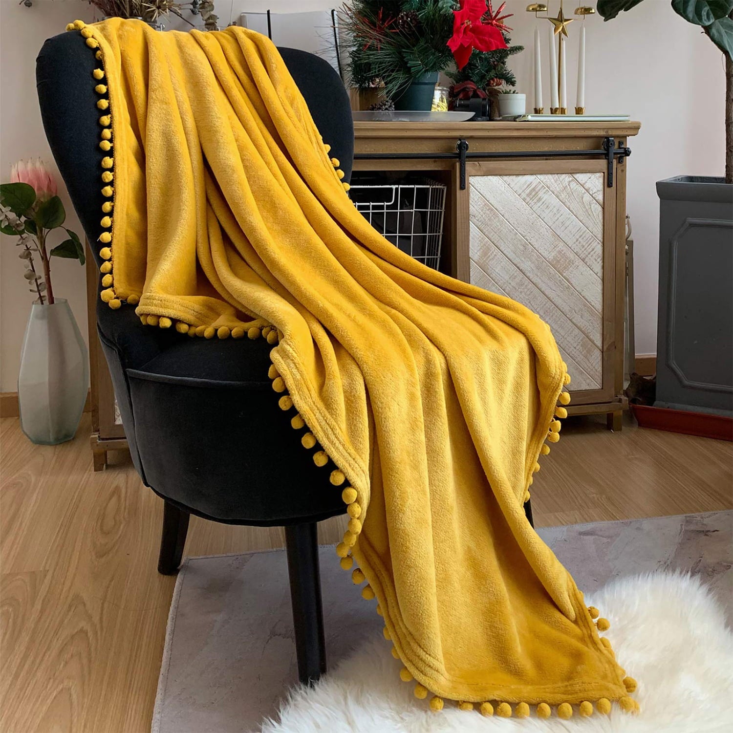 LOMAO Flannel Blanket Soft Throw Blanket with Pompom Fringe Lightweight Gift Blankets Fit Couch Sofa Bed(51