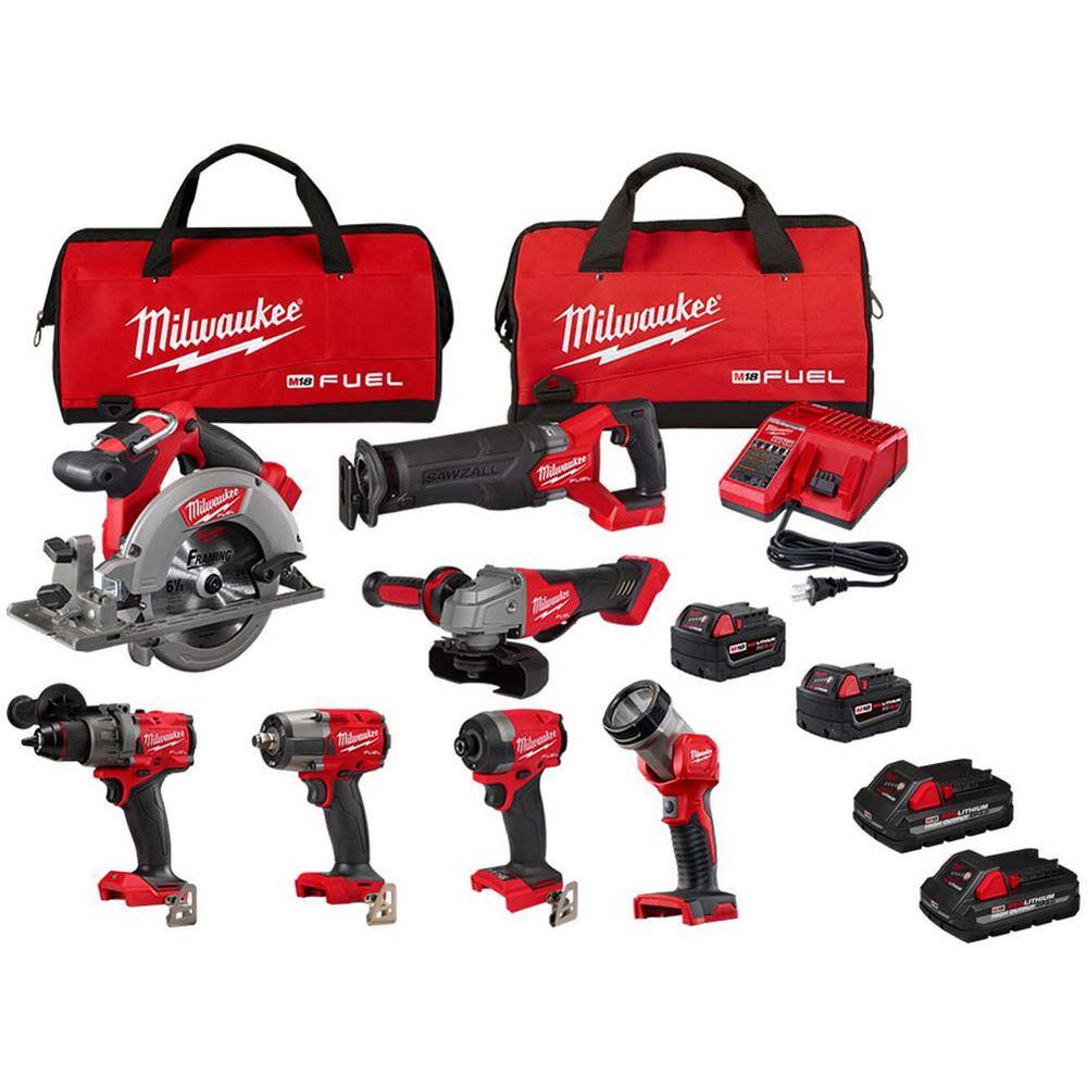 MW M18 FUEL 18V Lithium-Ion Brushless Cordless Combo Kit (7-Tool) w2 pack of 3.0ah Batteries 3697-27-48-11-1837