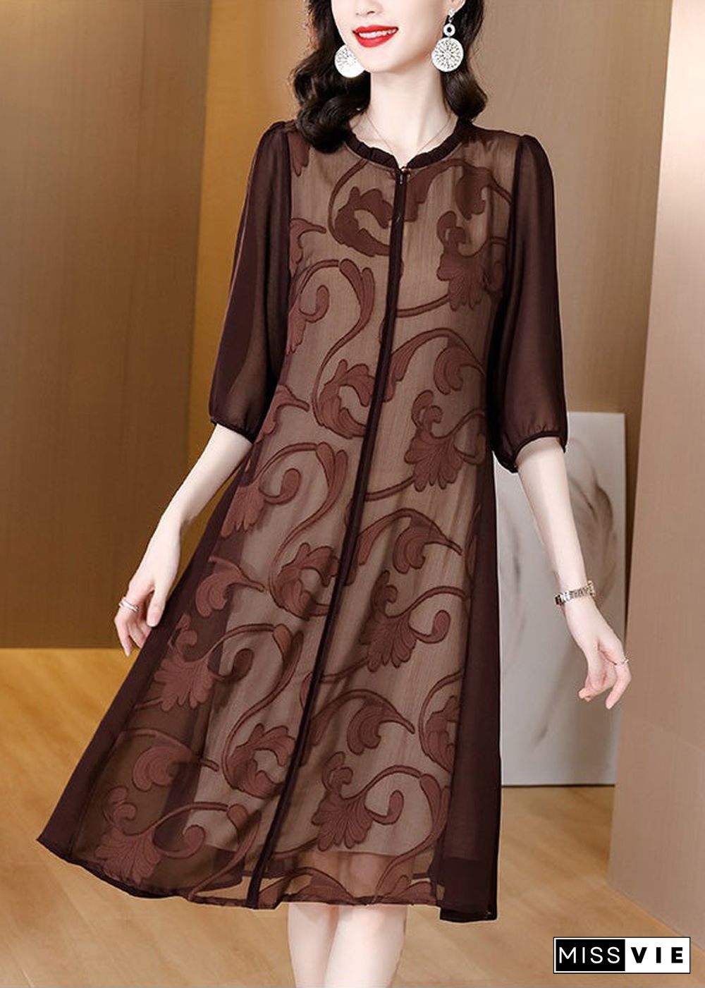 Slim Fit Coffee O-Neck Print Silk Maxi Dresses Summe