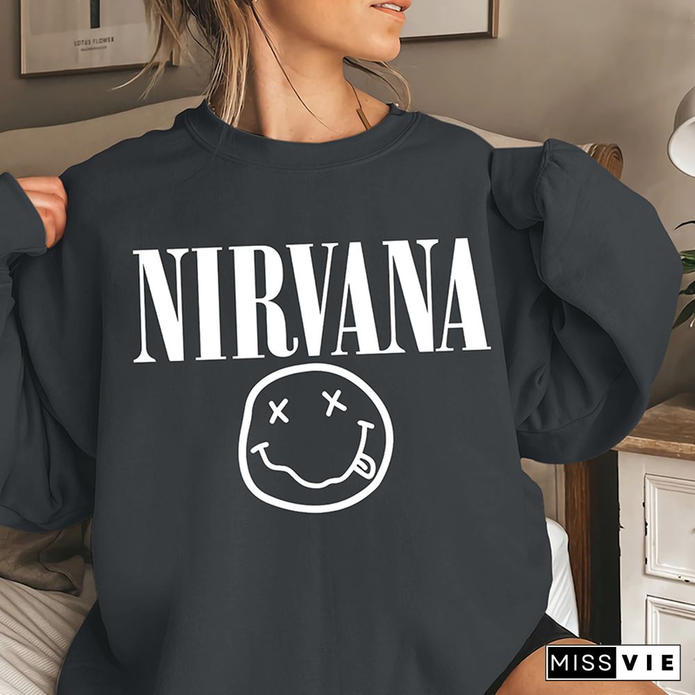 Nirvana Smiley Print O-neck Long Sleeve Sweatshirts Women Wholesale