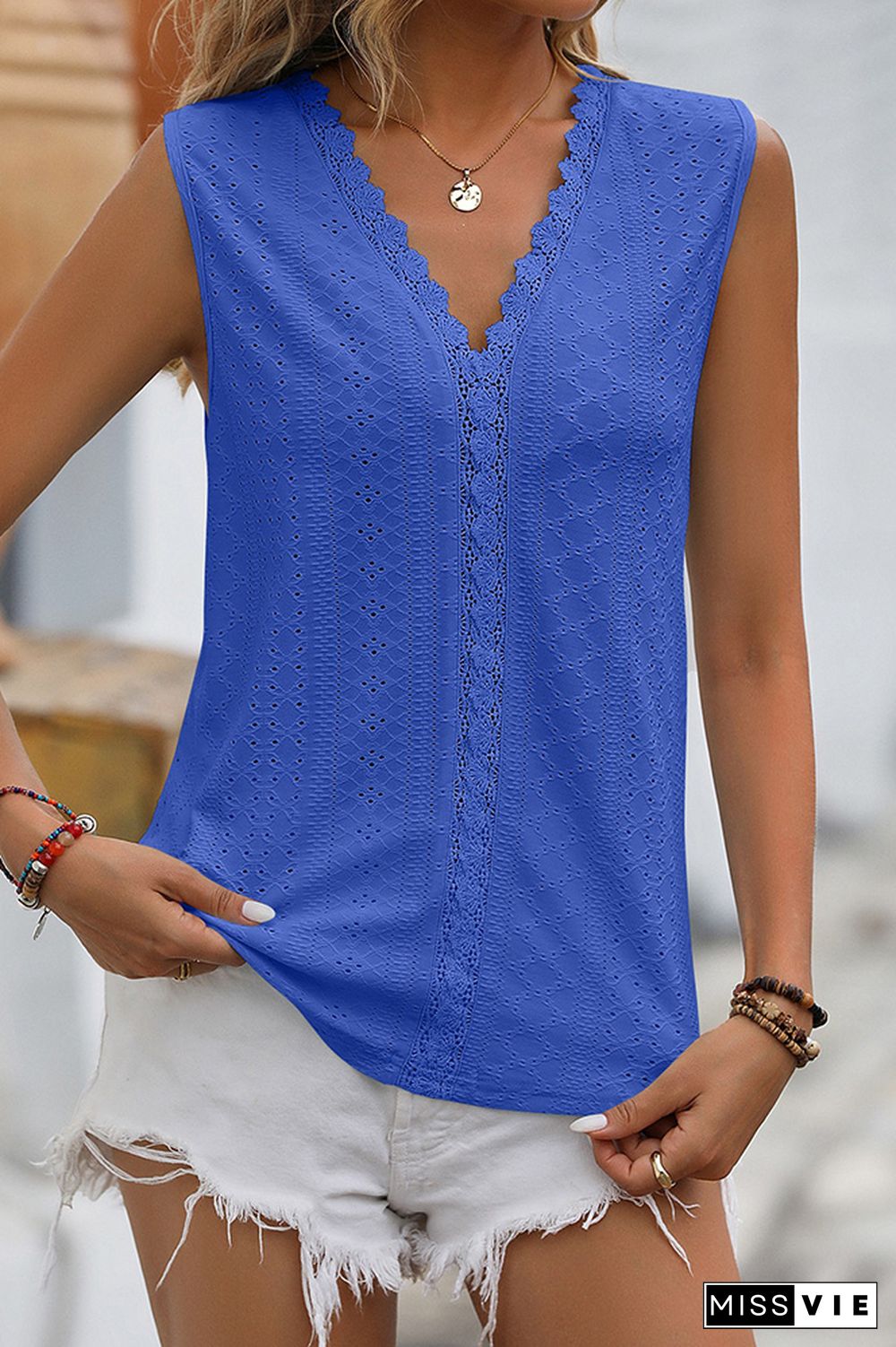 Plain V Neck Lace Edge Eyelet Pattern Tank Top