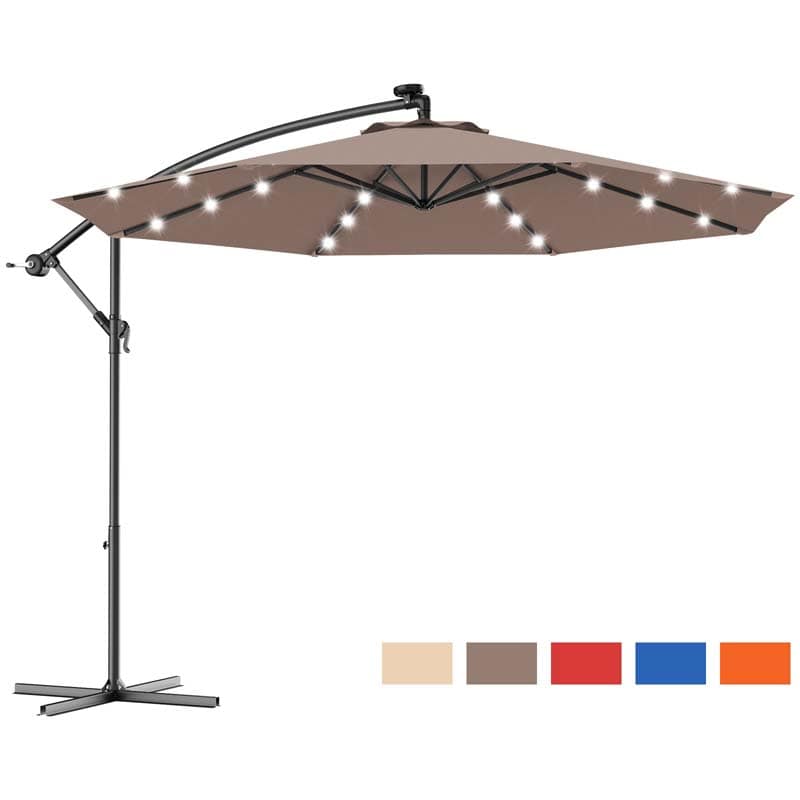 10 FT Offset Patio Umbrella with Solar LED Lights & Cross Base, Large Outdoor Cantilever Umbrella for Sun Rain