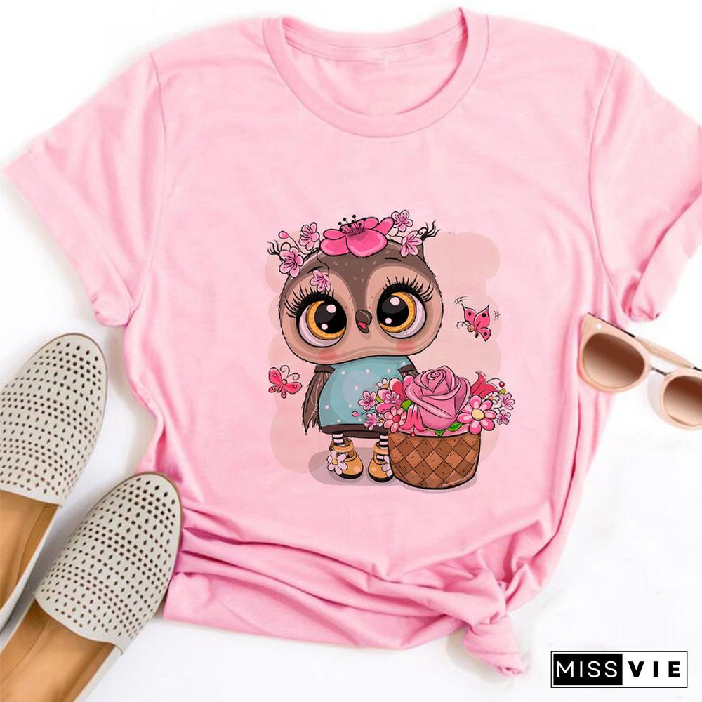 Gothic Women Cute Owl Printed T-Shirt All Seasons Fashion Thin Short Sleeve Tees Harajuku Casual Pink Top Female Clothing Tshirt