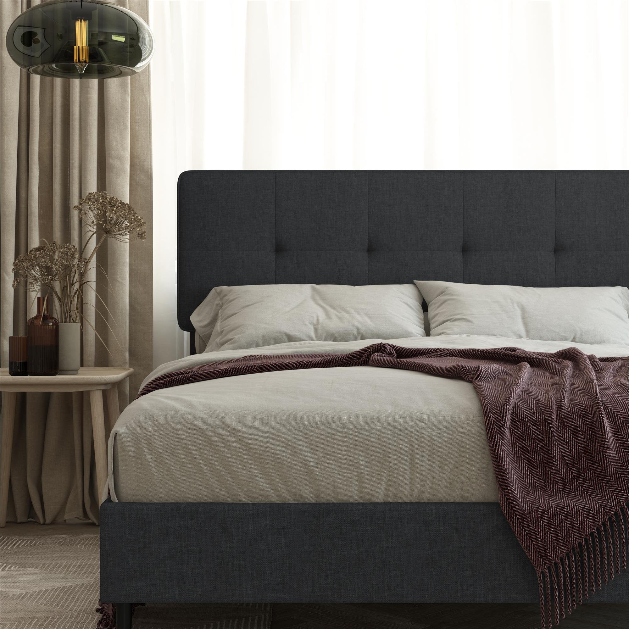 Queer Eye Wimberly Upholstered Bed, Adjustable Height Headboard, Queen, Dark Gray Linen