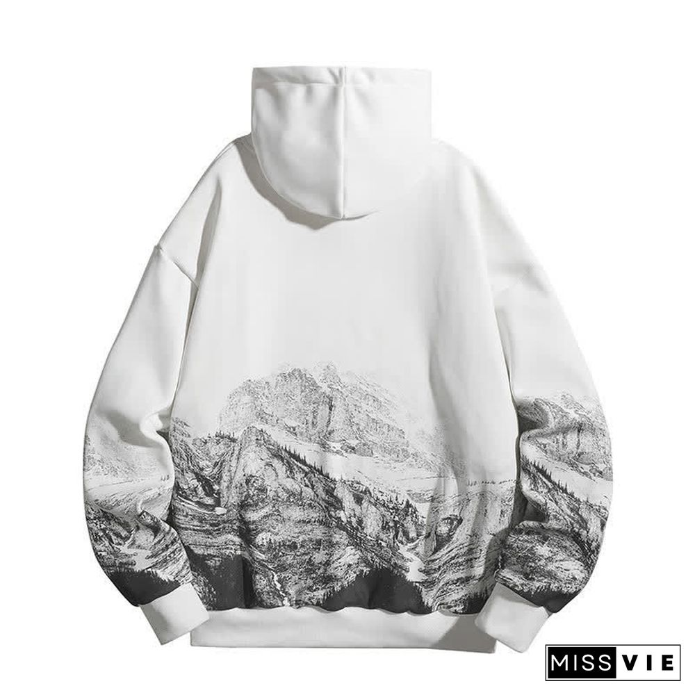 Retro Mountain Print Long Sleeve Loose Hoodie