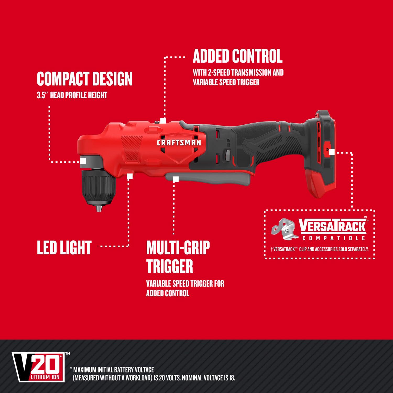 Craftsman V20 20 V 3/8 in. Brushed Cordless Right Angle Drill Tool Only